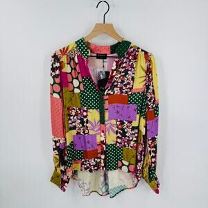 Fate Patchwork Print Button Front Blouse NWT Women’s Small Colorful Boho Top